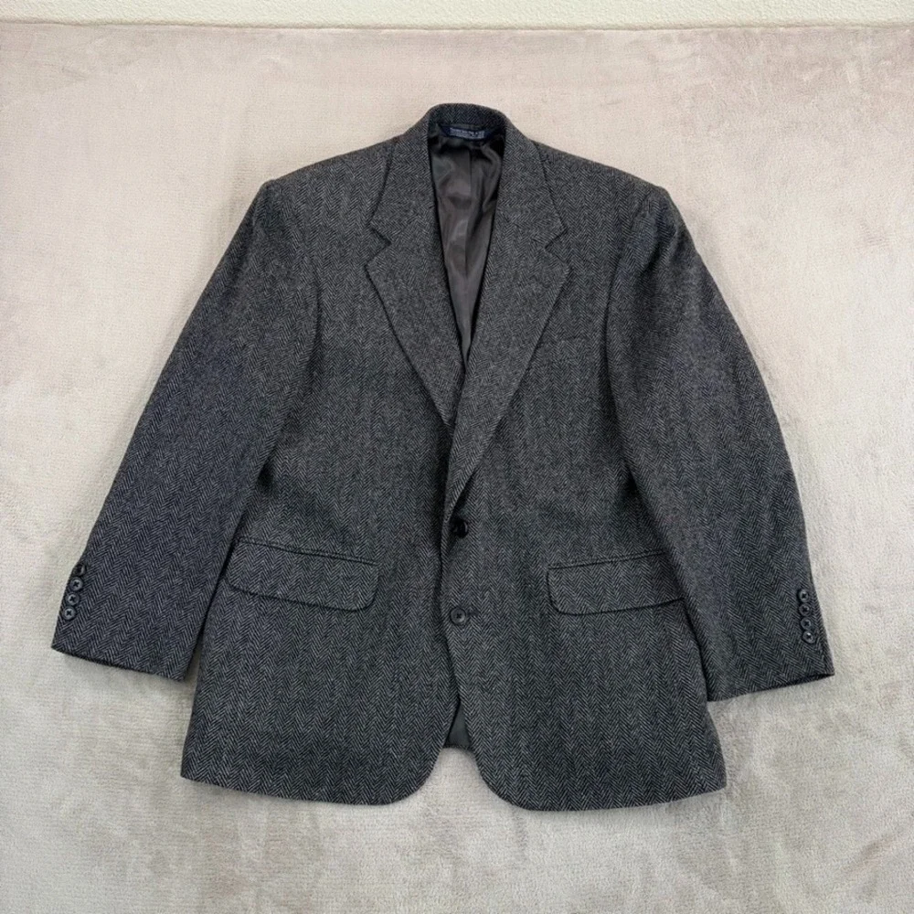 VTG Lands End Blazer Jacket Sport Coat Men 42R Herringbone Lambs Wool Tweed USA